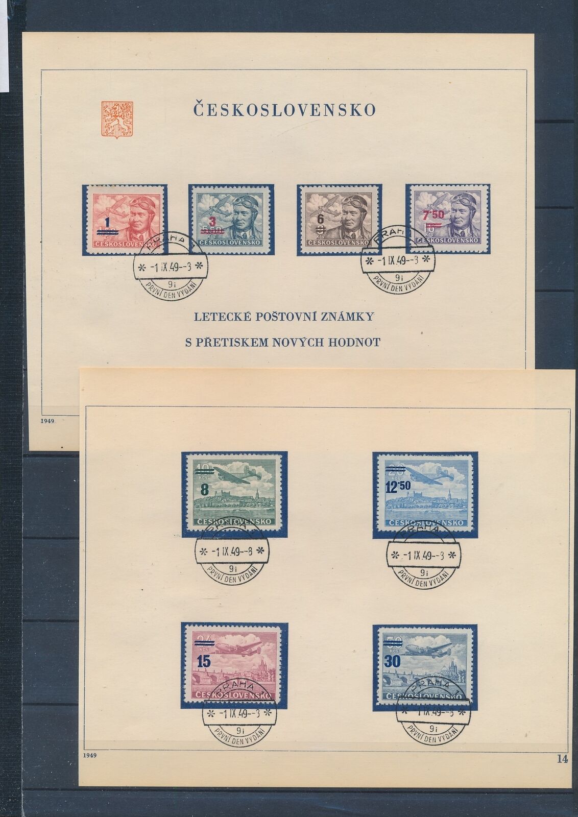 XC87574 Czechoslovakia 1949 overprint airmail stamps FDC cancel used