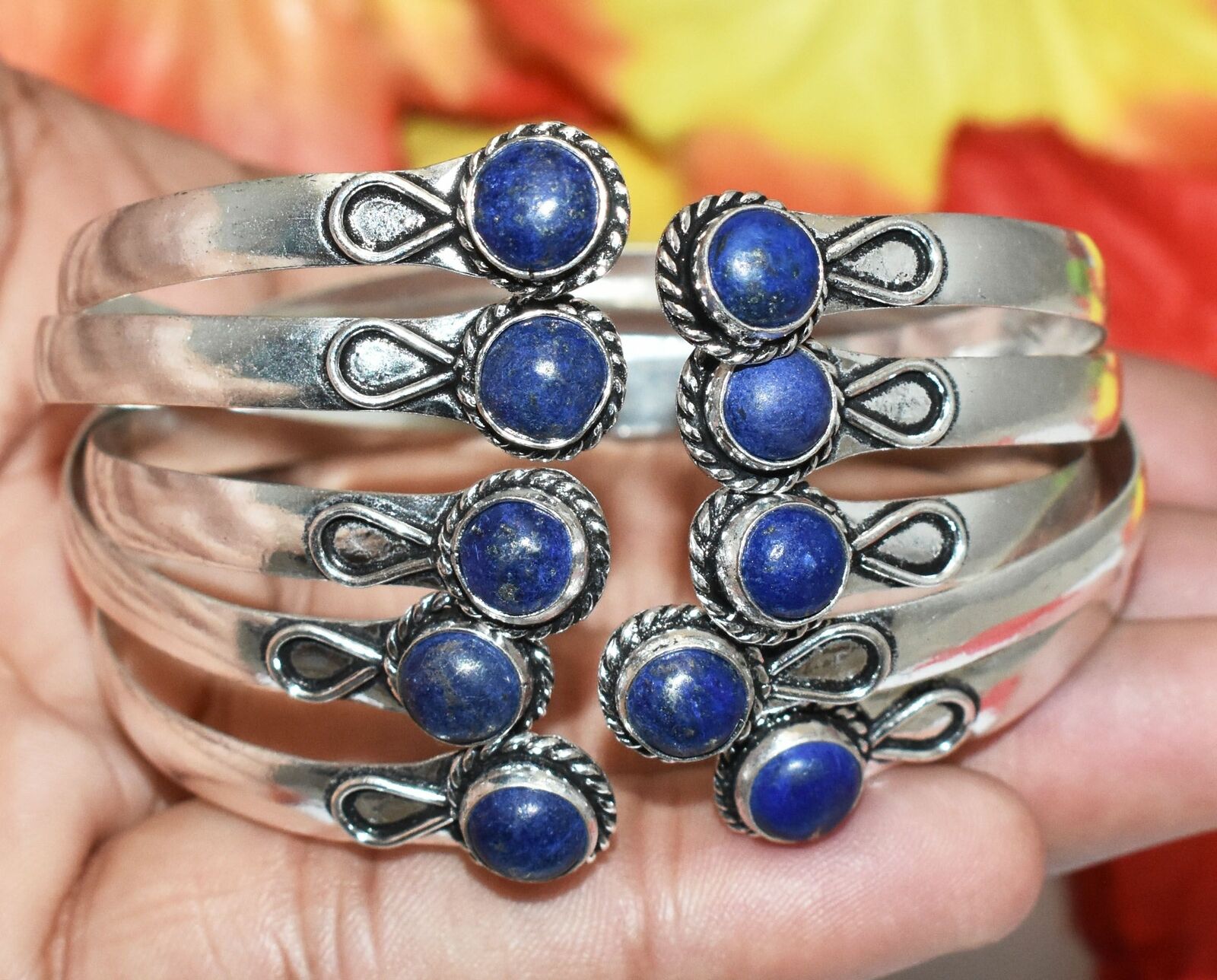 Lapis Lazuli Gemstone 10pcs Cuff Bangle Bracelet 925 Silver Overlay F-wbg-05