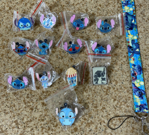 Stitch Disney Pin Lot Of 13. W/ Stitch  Lanyard Us Seller