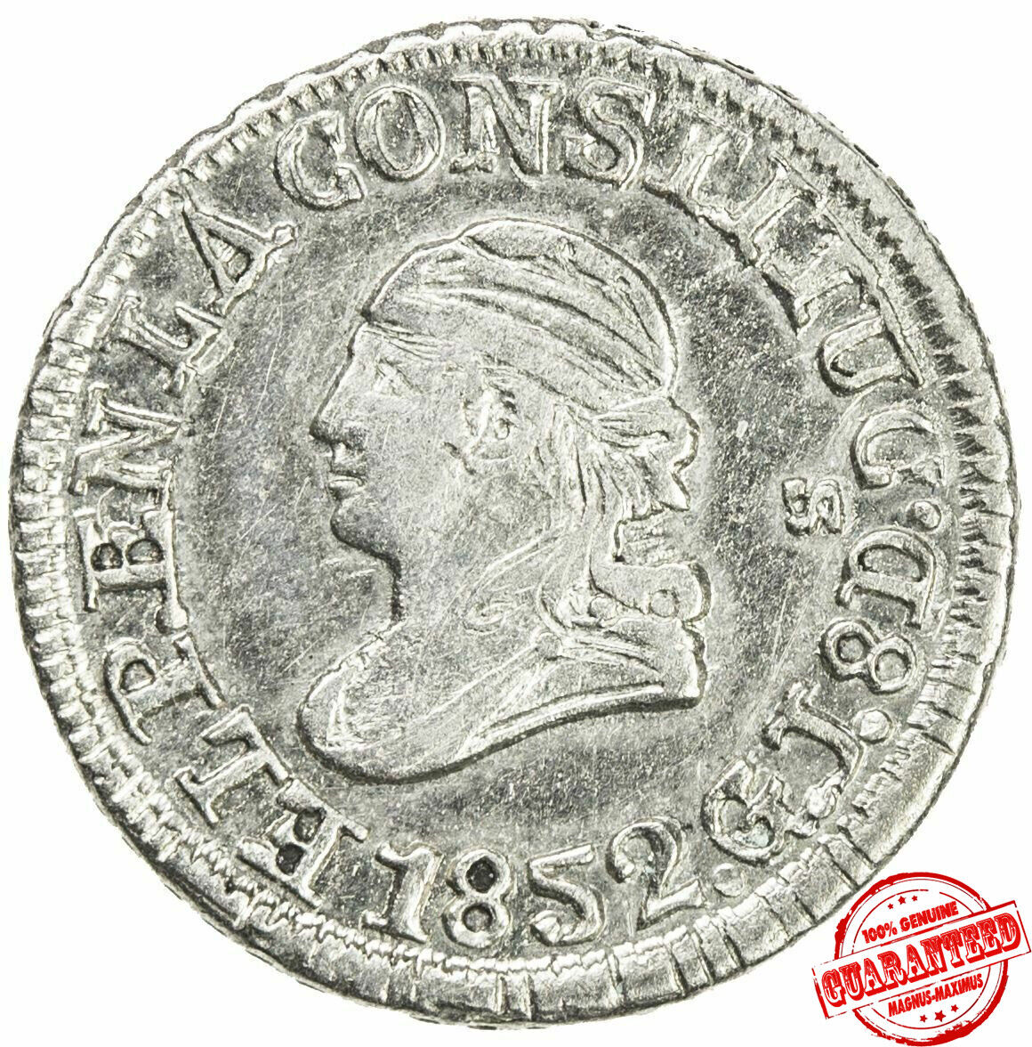 ECUADOR Republic, AR ¼ real, Quito, 1852, KM-36, AU. ABOUT UNCIRCULATED COIN