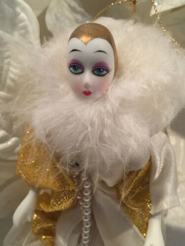 Vintage Seymour Mann Harlequin Flapper Doll 7” Christmas Ornament White Gold