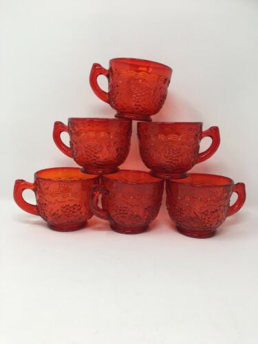 Set Of 6 Vintage Very Rare Ruby Red Pressed Grapes Design Coffee Tea Cup Glass