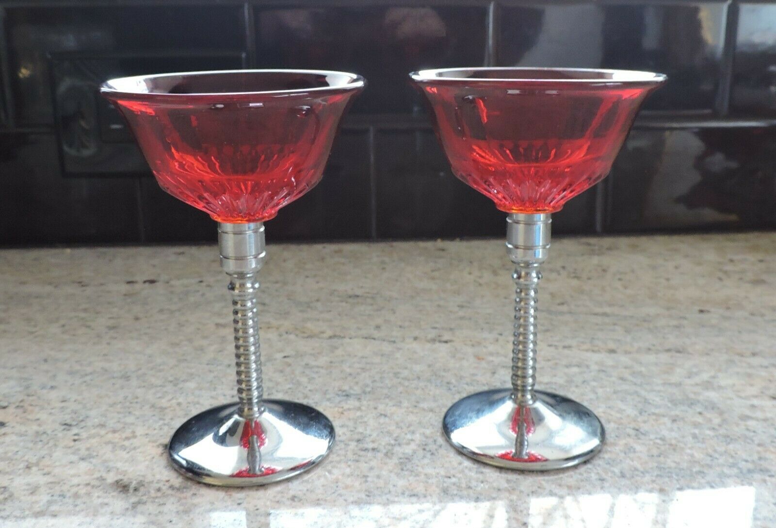 2 Paden City Glades Ruby And Chrome Wine Goblets