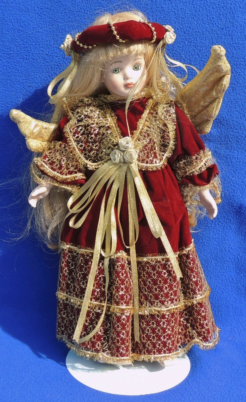 Seymour Mann Connoisseur Porcelain Christmas Angel Burgundy & Gold Doll #5277