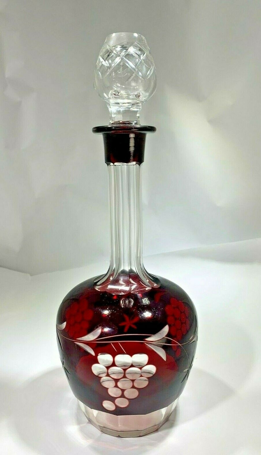 Art Deco Austrian Burgundy To Clear Grape Motif Crystal Decanter With Stopper