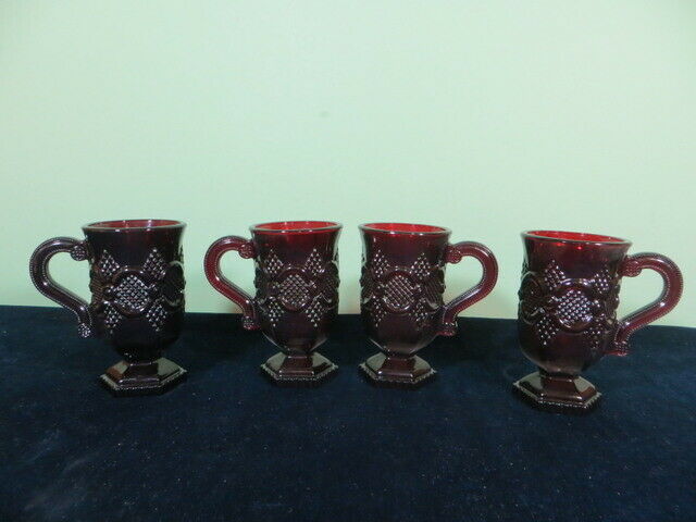 Set Of 4 Vintage Avon Cape Cod Collection Ruby Red Glass 5" Footed Pedestal Mugs