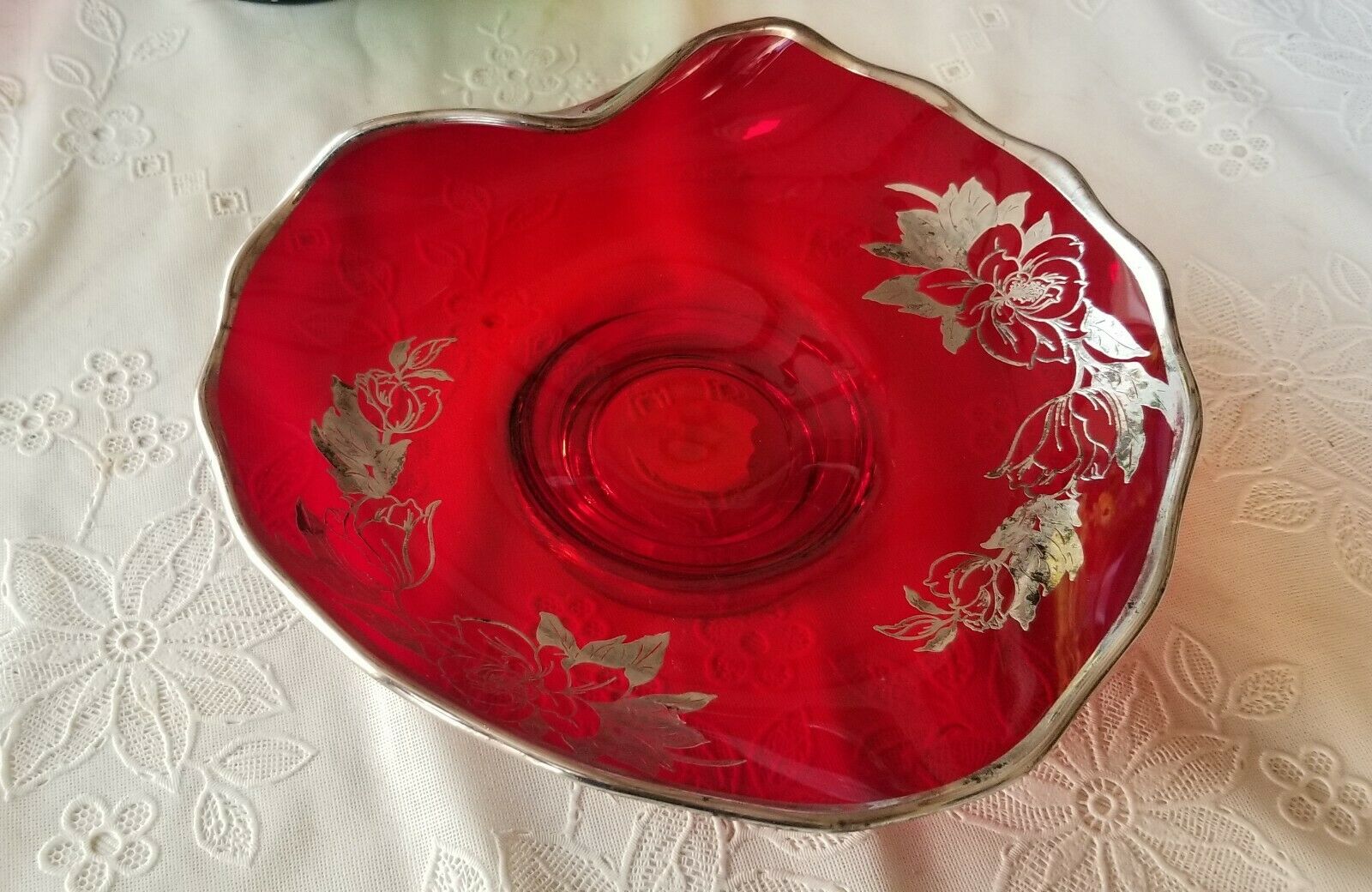 Vintage Rockwell Sterling Silver Overlay Heart Shaped Ruby Red Footed Dish Plate