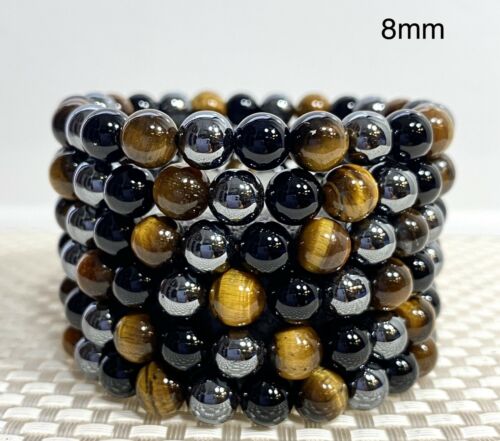 Wholesale 6 Pcs Natural Tiger Eye Hematite Black Onyx 8mm 7.5” Crystal Bracelet