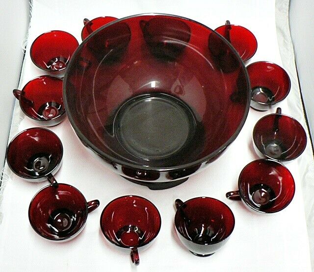 ANCHOR HOCKING RUBY RED GLASS PUNCH BOWL WITH STAND AND 12 CUPS