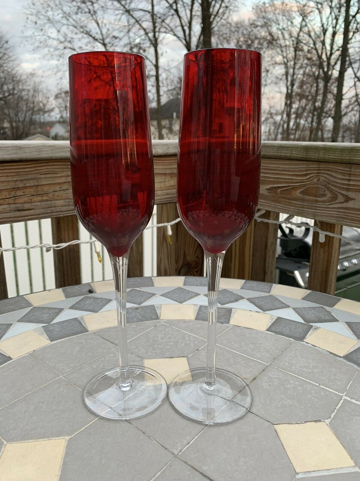 Ruby Red Champagne Flute Smooth Clear Stem Glasses 11