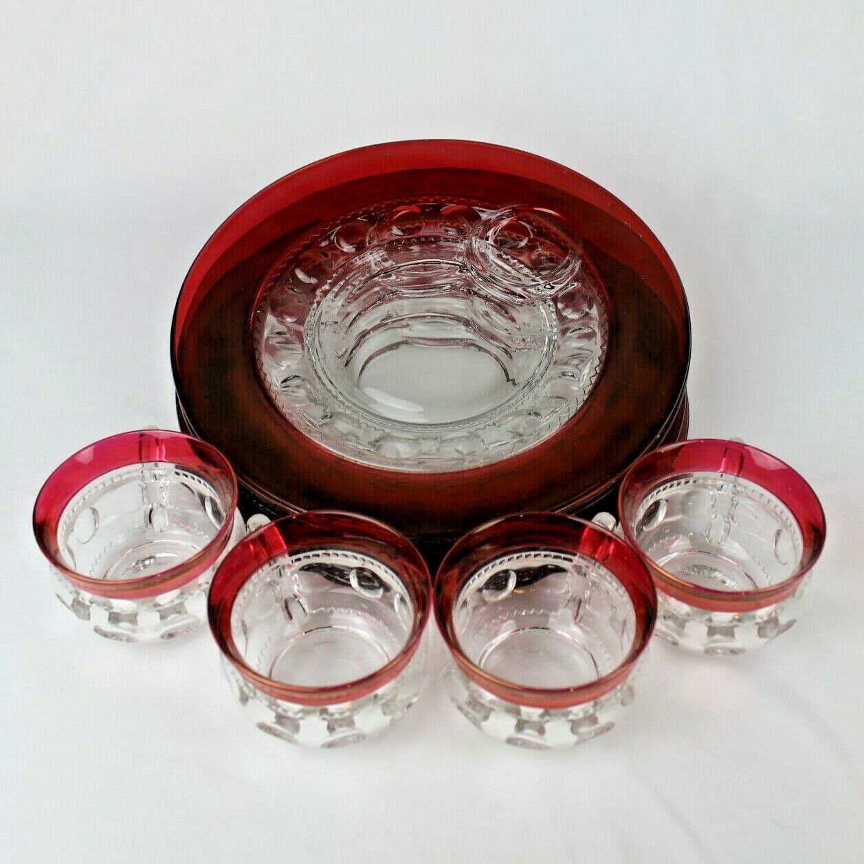 4 Tiffin-franciscan King's Crown Ruby Snack Plate & Cup Sets, Sugar & Creamer