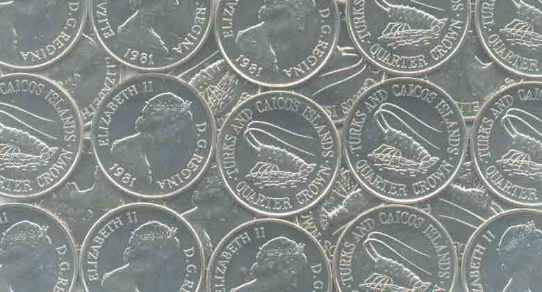 TURKS and CAICOS WHOLESALE 100 UNC (1/4) QUARTER CROWN COINS DATED 1981 KM # 51