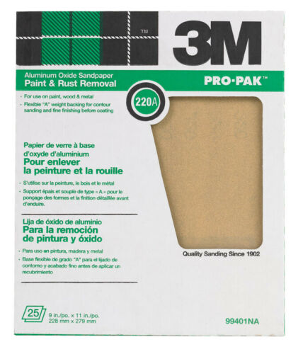 3M 99401NA Pro-Pak 220 Grit Aluminum Oxide Sandpaper Sheet 9 x 11 in.