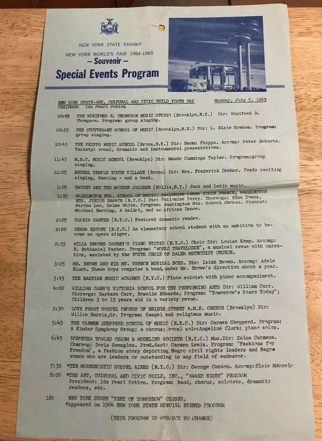 NYS Exhibit 7/5/65 Special Events Program  - 1964-65 NY Worlds Fair Souvenir