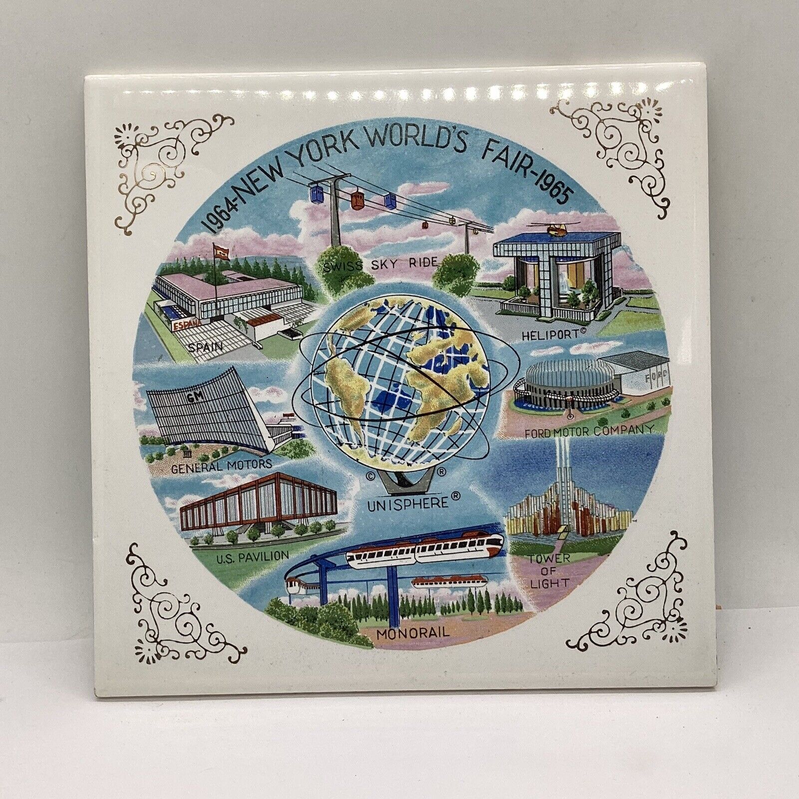 1964-1965 World’s Fair Souvenir  6” Ceramic Tile, New York Unisphere, Vintage